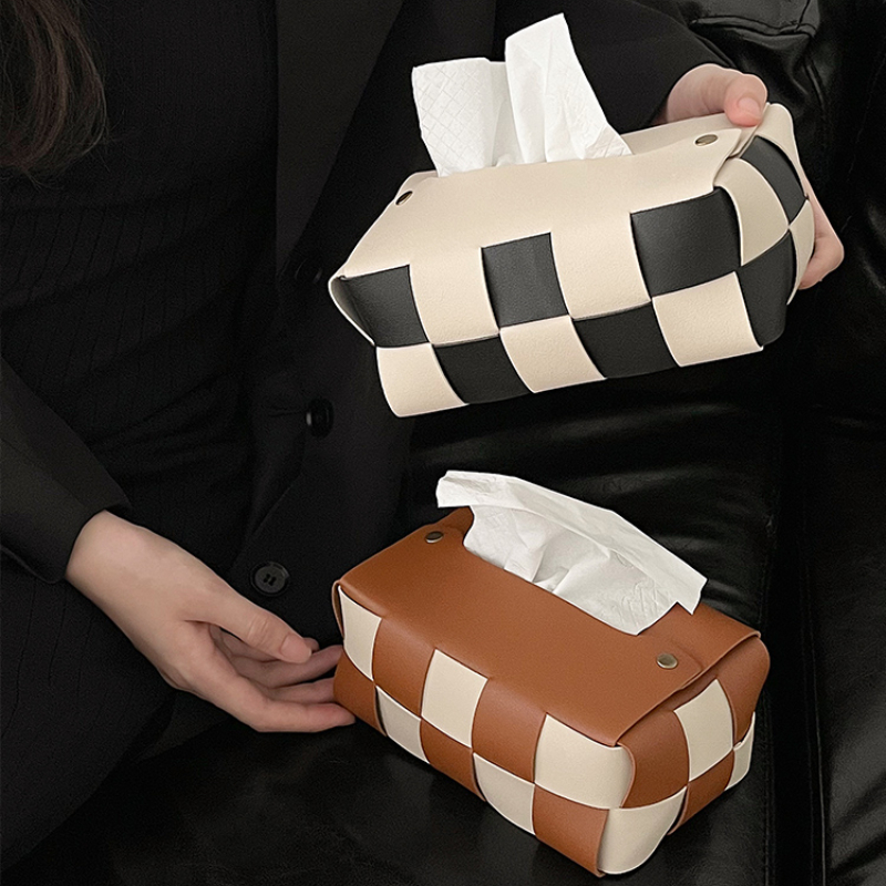 Checkerboard-Woven-Tissue-Box-PU-Leather-Napkin-Case-Living-Room-Office-Desktop-Home-Decoration-Creative-Paper